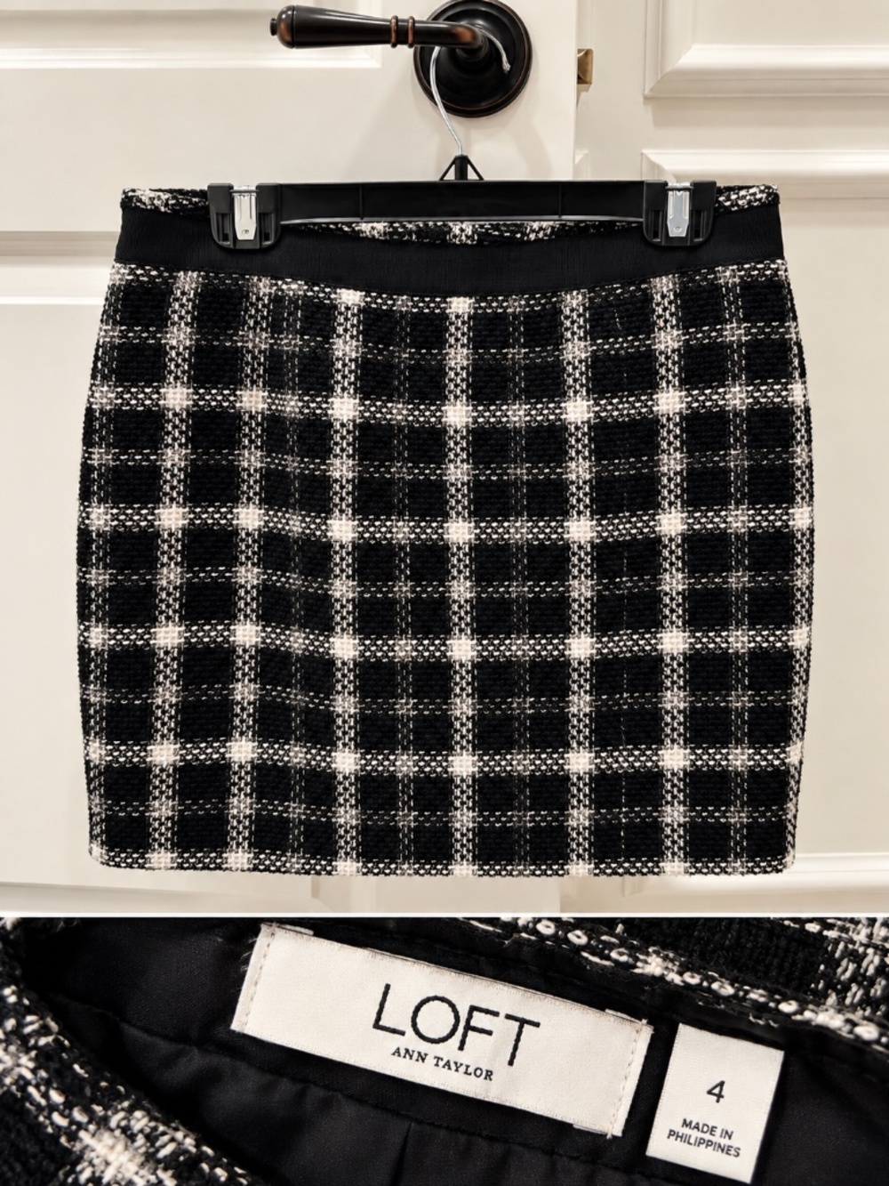 Ann Taylor LOFT Black & White Plaid Tweed Mini Skirt Size 4